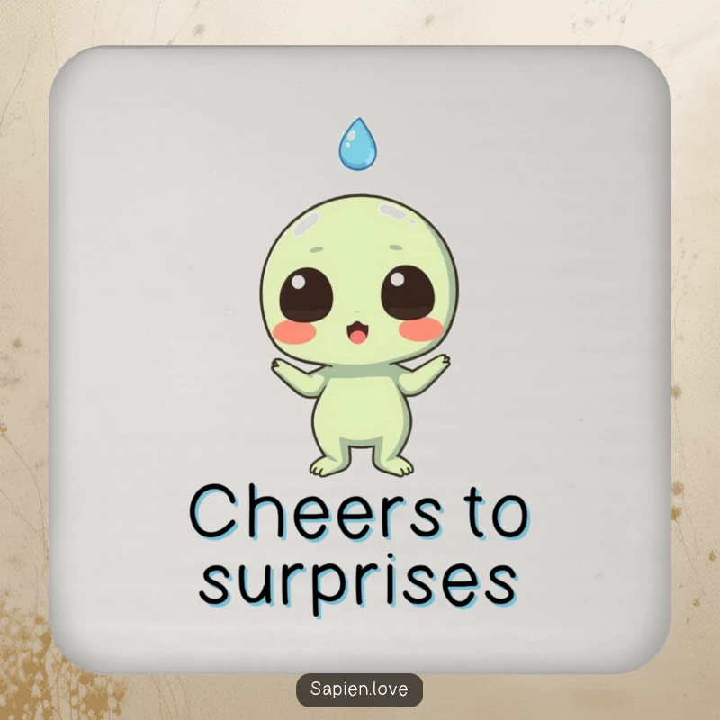 Funny drink coasters featuring a surprised alien character and a smiling raindrop, protecting tables with whimsical humor.