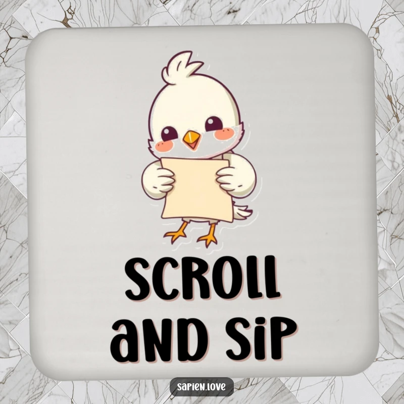 Funny bird character with a scroll, designed as a protective and decorative drink coaster.