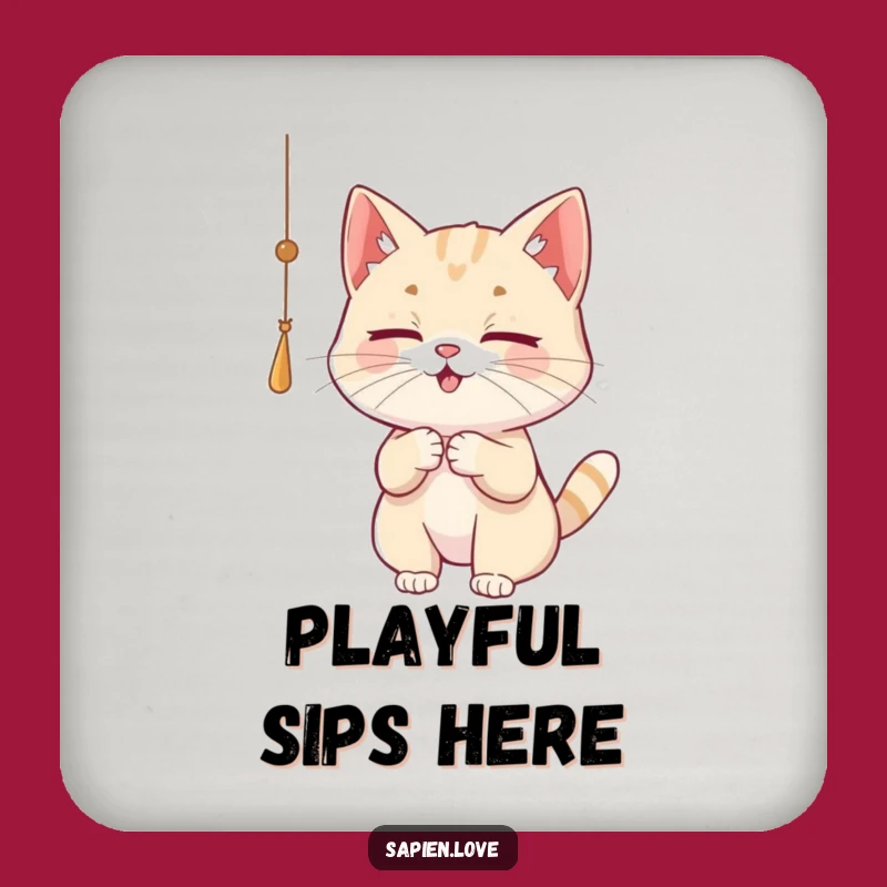Funny Cat Coaster - Playful Kitty Batting String Drink Accessory