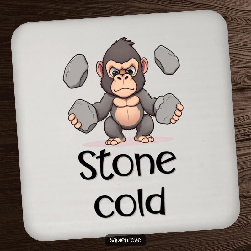 Funny Kawaii Gorilla Coaster, a determined gorilla juggling stones, a humorous and protective surface guard.