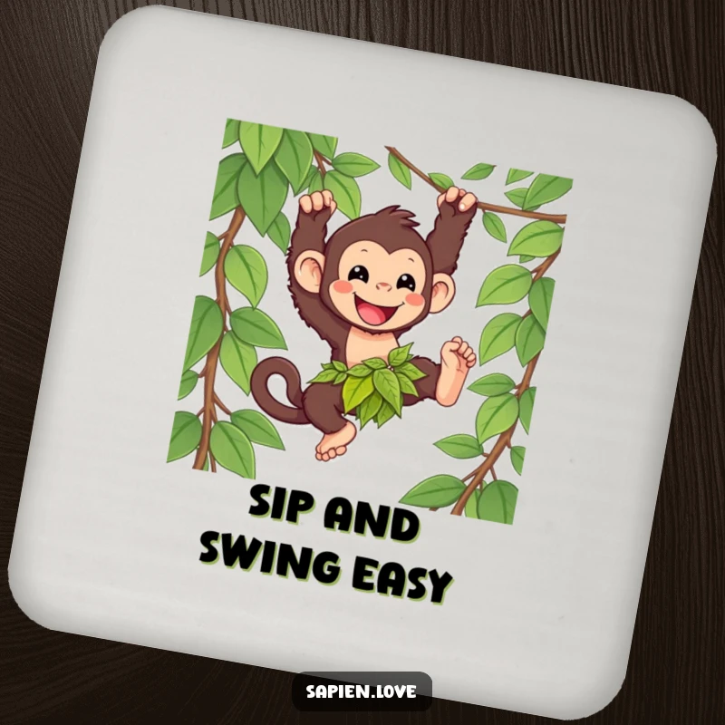 Funny kawaii primate coasters, a happy character swinging from a vine, jungle-themed protective humorous gift.
