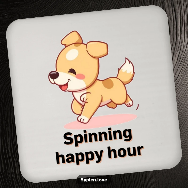 Funny Dog Coaster featuring a playful dog character chasing its tail, great for adding humor to tabletops.