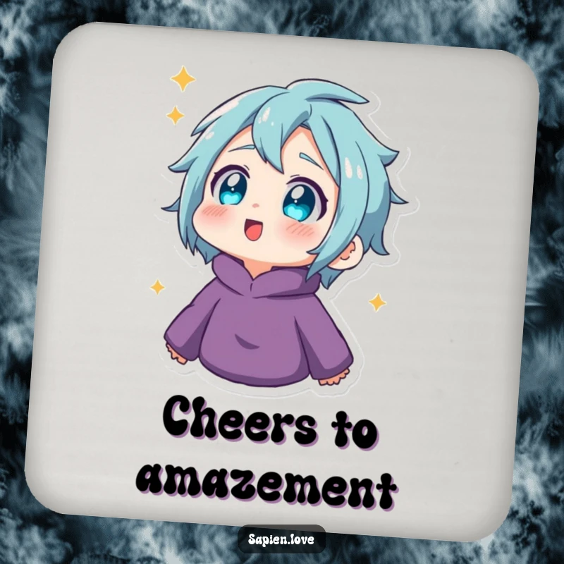 Funny Drink Coaster: A human character with twinkling eyes looks upwards in amazement, adding a delightful touch of wonder to beverage service.