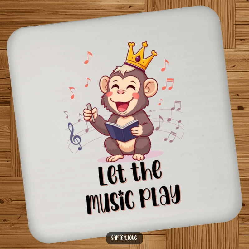 Funny Primate Conductor Coaster: A cheerful primate king leading music notes, protecting tables with humorous musical flair.