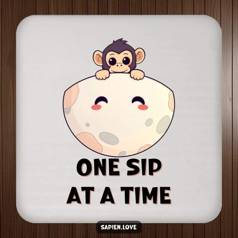 Funny drink coasters featuring a curious primate peeking over a smiling planet, protecting furniture with a humorous and charming design.
