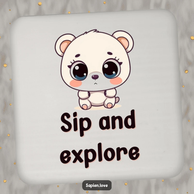 Funny bipedal bear with large, curious eyes exploring, humorous drink coasters for surface protection.