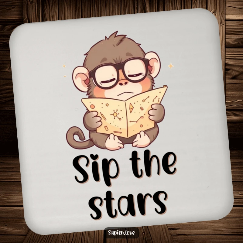 Funny coaster featuring a sleepy primate in spectacles reading a scroll of constellations, designed to protect surfaces with a humorous, celestial theme.