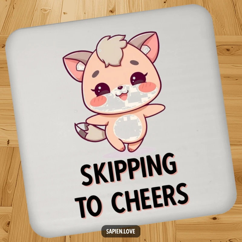 Funny drink coaster featuring a joyful character with animal traits skipping with delight. A small but fun funny gift.