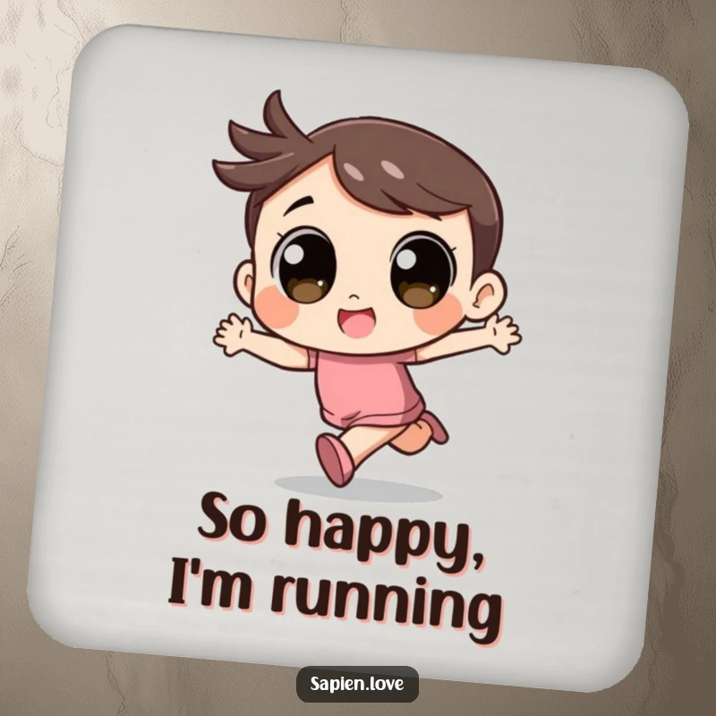 Funny Kawaii Coasters: A cute character with large eyes runs with excitement, for drinks.