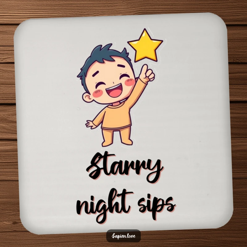 Funny Drink Coaster: A kawaii human character with a delighted grin reaches up towards a star, adding playful charm to any surface.