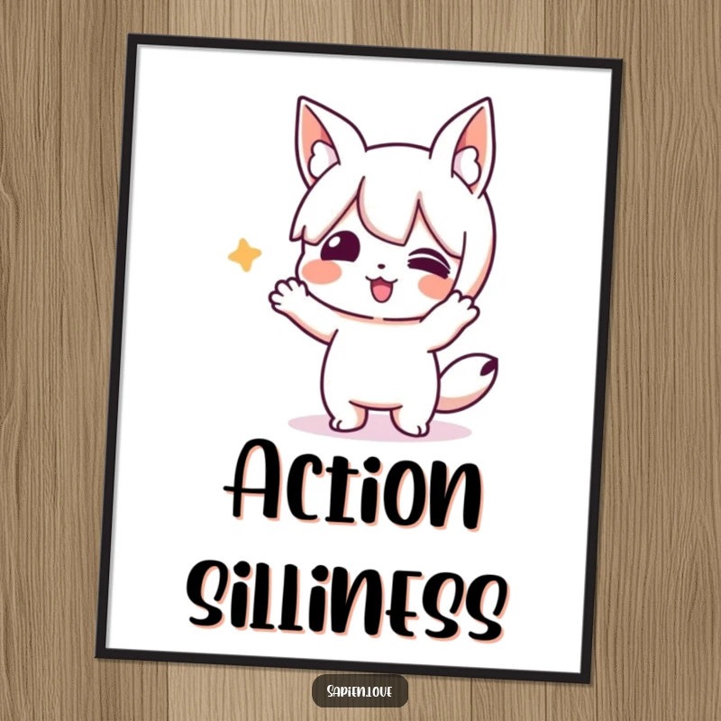 Funny poster featuring a playful character with animal ears performing a comical, silly action. A humorous gift idea.