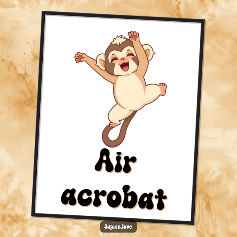 Funny Kawaii Gibbon Poster, a cute gibbon doing a somersault with a giggle, dynamic and humorous wall art.