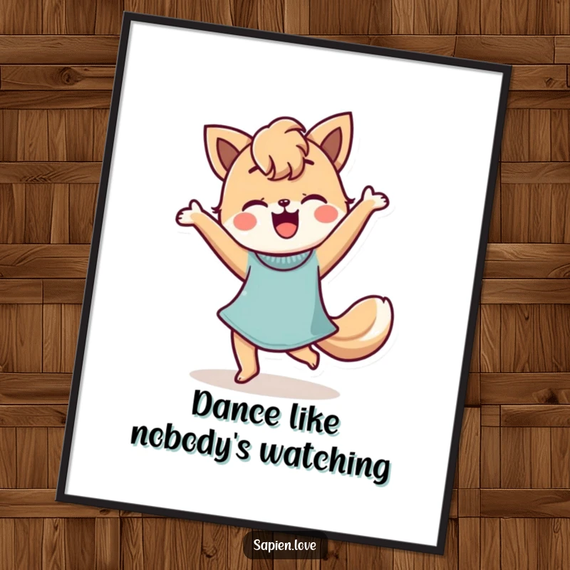 Funny Poster showcasing a stylized person with animal features dancing happily, bringing a dose of expressive energy and charm.