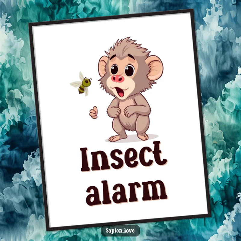 Funny Kawaii Baboon Poster, a cute baboon startled by a buzzing insect, dynamic and humorous wall art.