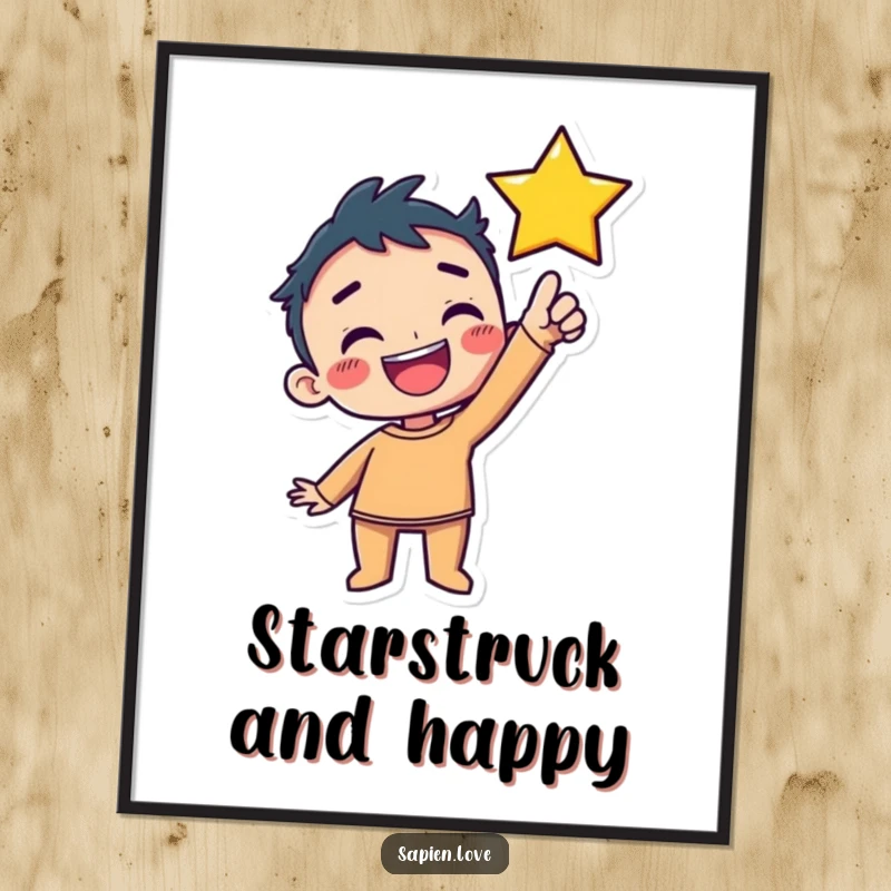 Funny Poster: A kawaii human with a wide, delighted grin is stretching its arms upwards, attempting to grab a distant star.