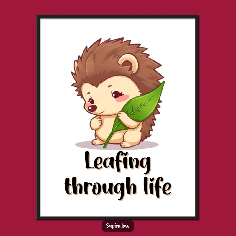 Funny Curious Hedgehog Poster - Nature Art Print for Leaf Admirers