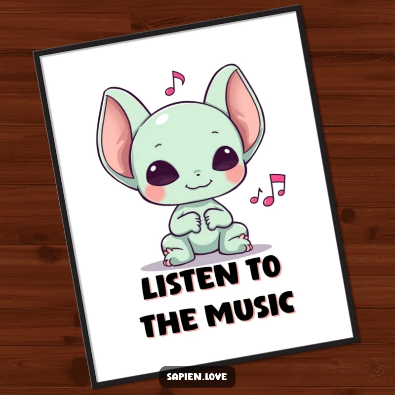 Funny poster art of an alien creature with large ears happily absorbing the sound from a prominent musical note.