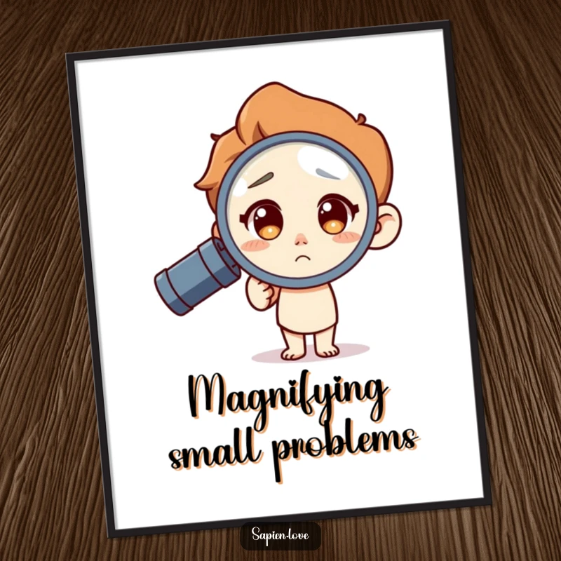 Funny Poster: A human character with a curious expression intently studies the world through a magnifying glass, creating a humorous scene.