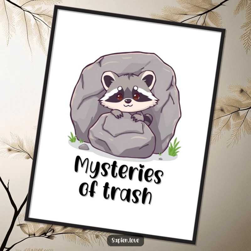 Funny bipedal raccoon character peeking from behind a large rock on a poster, adding whimsical charm.