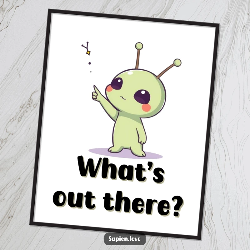 Funny poster art of an alien creature with expressive antennae pointing towards a spectacular, distant constellation in the night sky.