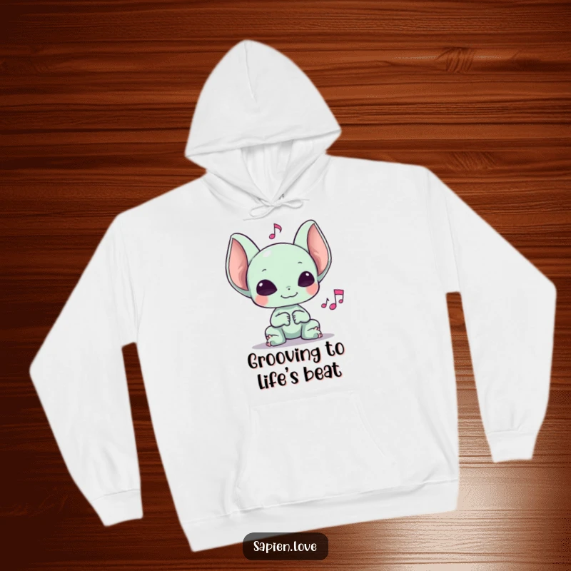 Funny hoodie featuring an alien creature with exaggerated ears happily immersed in listening to a single, large musical note.