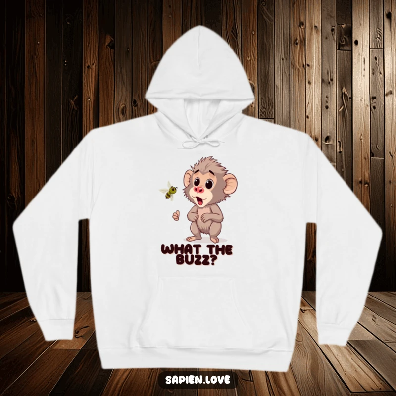 Funny Kawaii Baboon Hoodie, a cute baboon startled by a buzzing insect, cozy and humorous apparel.