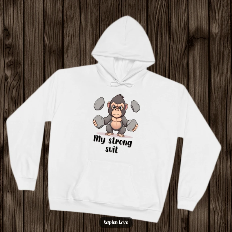 Funny Kawaii Gorilla Hoodie, a determined gorilla juggling stones, cozy and humorous apparel for strong spirits.