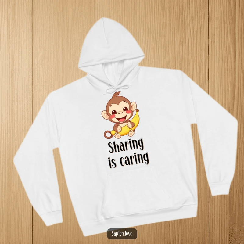 Funny kawaii monkey hoodie, a cheerful character offering a banana with a wide grin, cozy and humorous apparel.