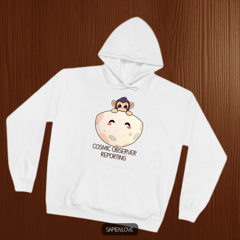 Funny hoodie showing a curious monkey peeking over a smiling planet, perfect for cozy nights and humorous stargazing.