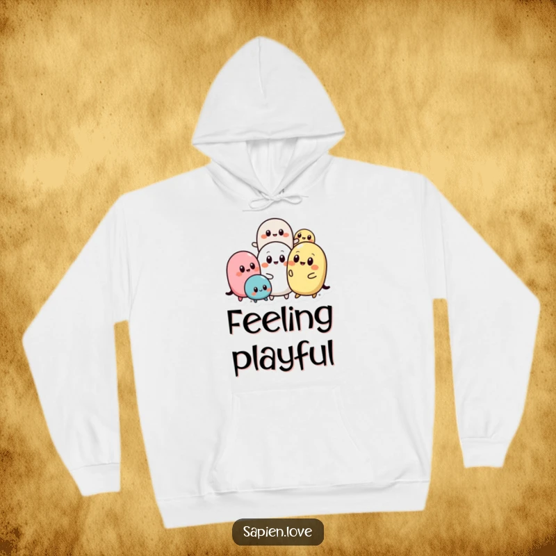 Funny Abstract Pals hoodie featuring a collection of rounded abstract shapes with simple eyes, happily interacting in a fun and playful manner.