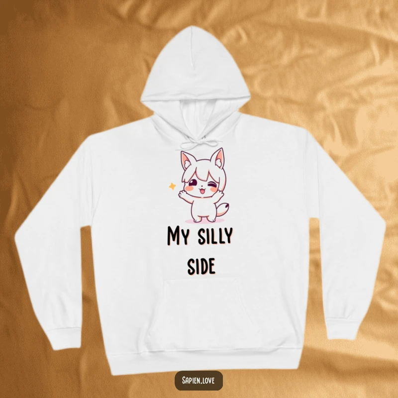 Funny hoodie depicting a playful character with animal ears doing a silly, amusing action. A warm funny gift.