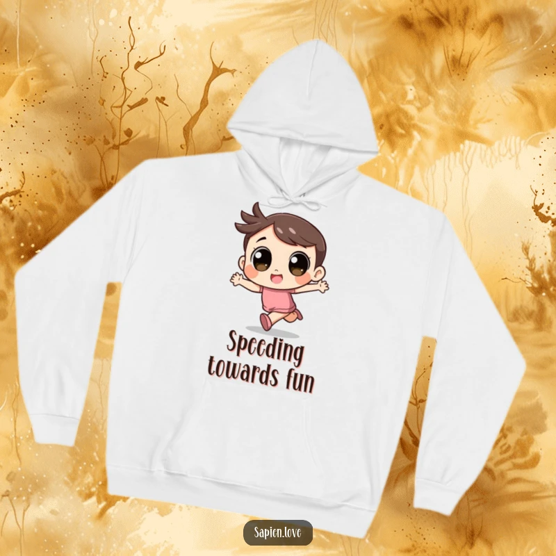 Funny Kawaii Hoodie: A cute character with big, expressive eyes runs with boundless excitement.