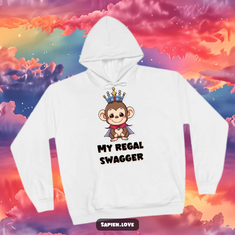 Funny hoodie depicting a monkey character in a royal crown and cape, offering cozy warmth and a touch of amusing majesty.