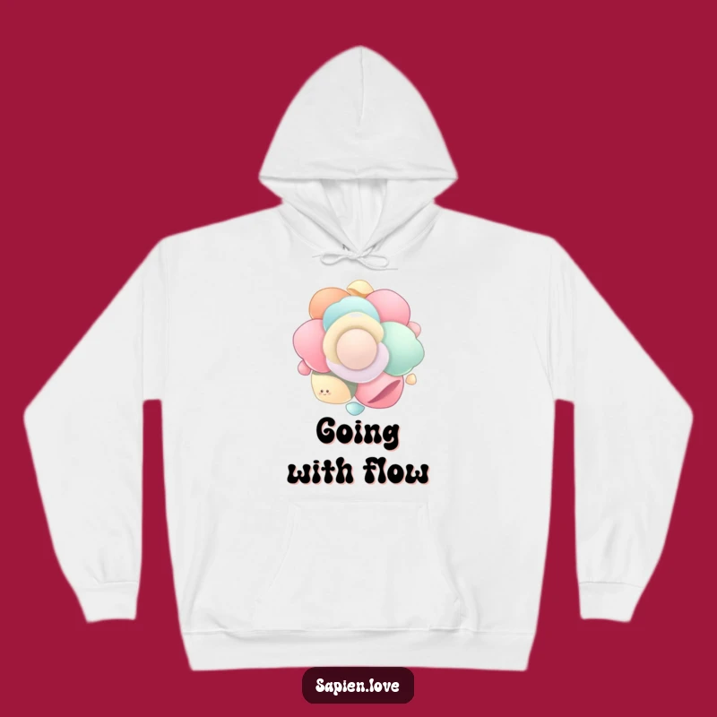 Stay cozy and serene with this funny organic flow hoodie. It features a cluster of smooth shapes floating and spinning in unison, offering comfort and gentle humor.