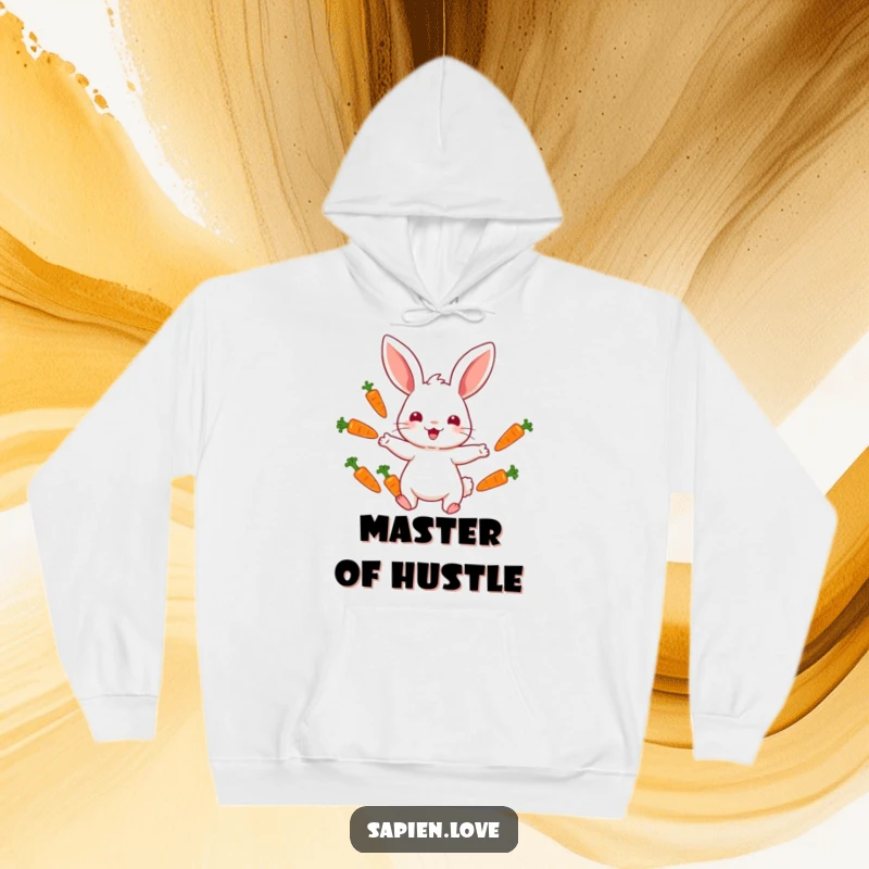 Funny hoodie showcasing a rabbit character skillfully juggling colorful carrots, offering cozy comfort with a touch of amusing performance art.