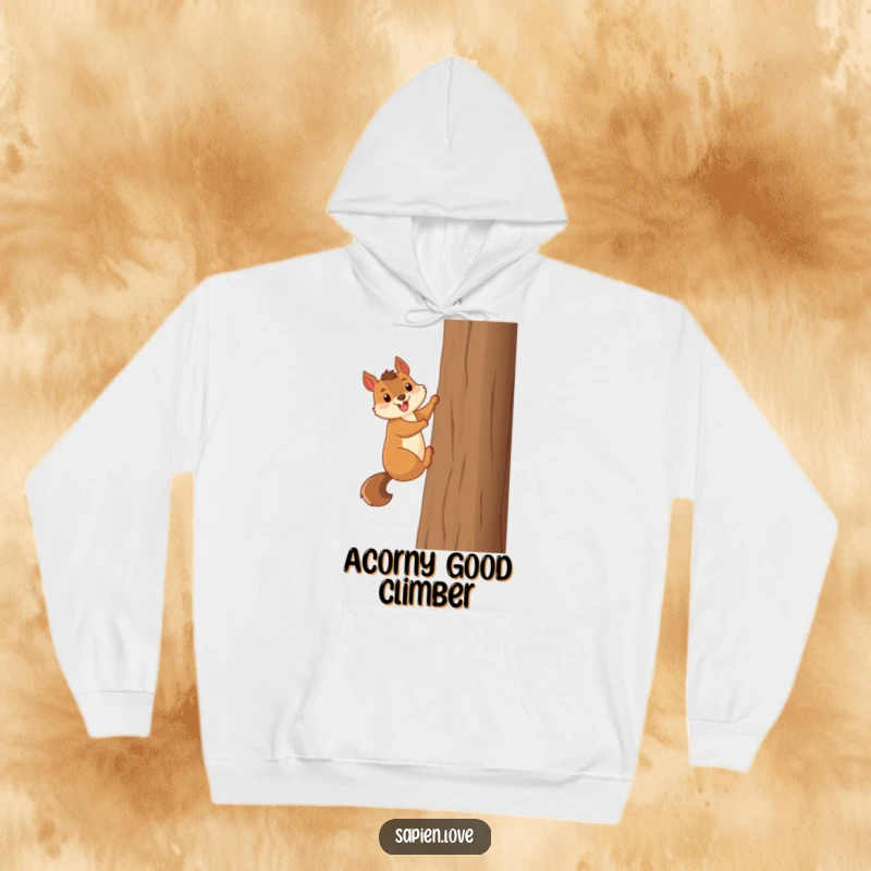 Funny smiling squirrel excitedly climbs a tall tree, a warm and humorous hoodie for nature lovers.