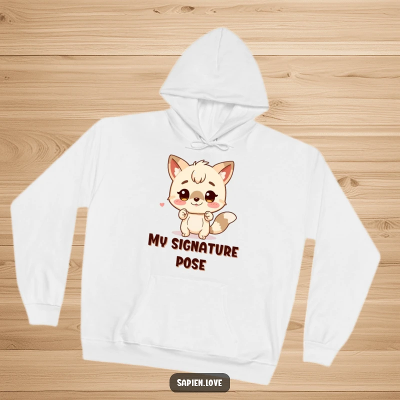 Funny hoodie depicting a charming character with animal traits striking a funny pose. A warm funny gift.