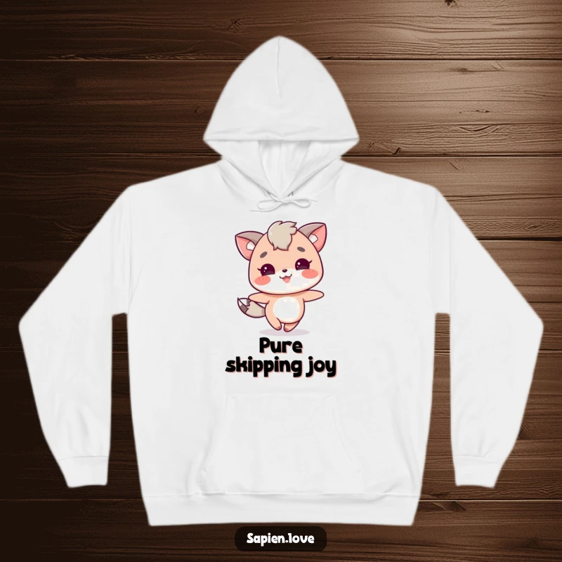 Funny hoodie depicting a joyful character with animal traits skipping with delight. A warm funny gift.