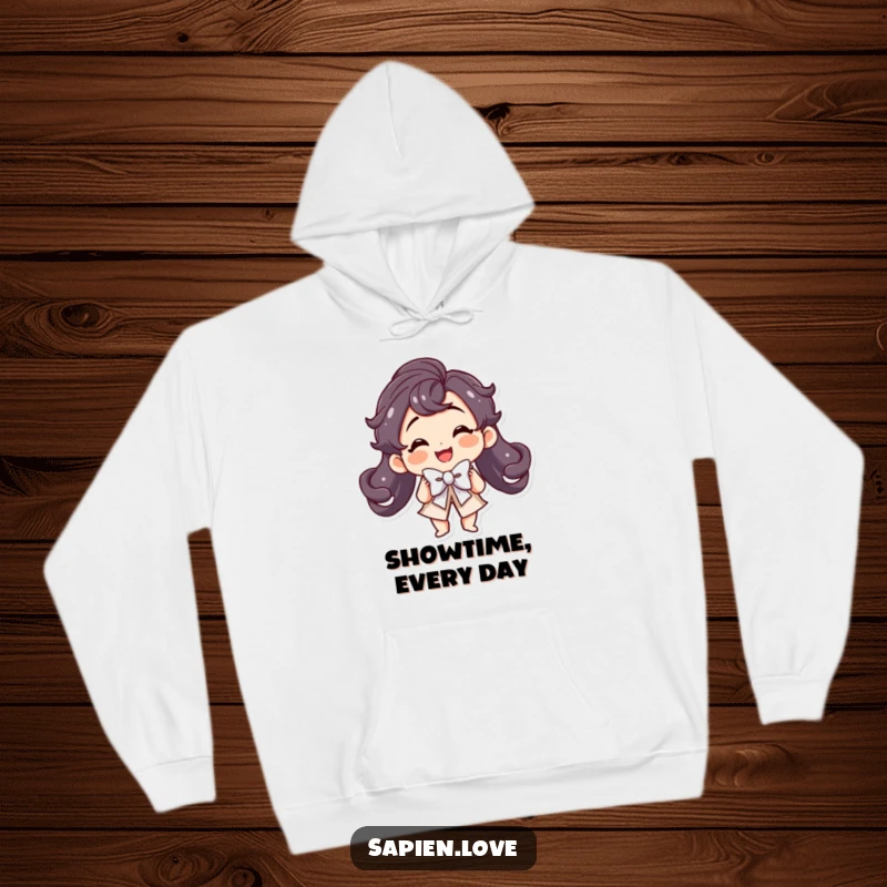 Funny Kawaii Hoodie: A smiling kawaii character performs a theatrical bow with a flourish.