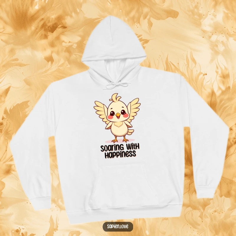 Smiling bipedal avian creature flapping its wings with joy on a hoodie, offering warmth and cheerful vibes.