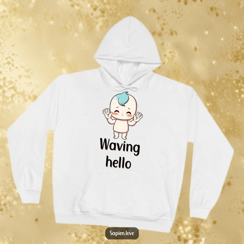 Funny hoodie showcasing a stick character performing a large, over-the-top wave, radiating friendliness and cartoonish energy, perfect for cold days.