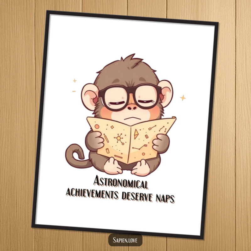 Whimsical free printable wall art of a sleepy primate in spectacles, reading a tiny scroll detailing constellations, evoking wonder and humor.