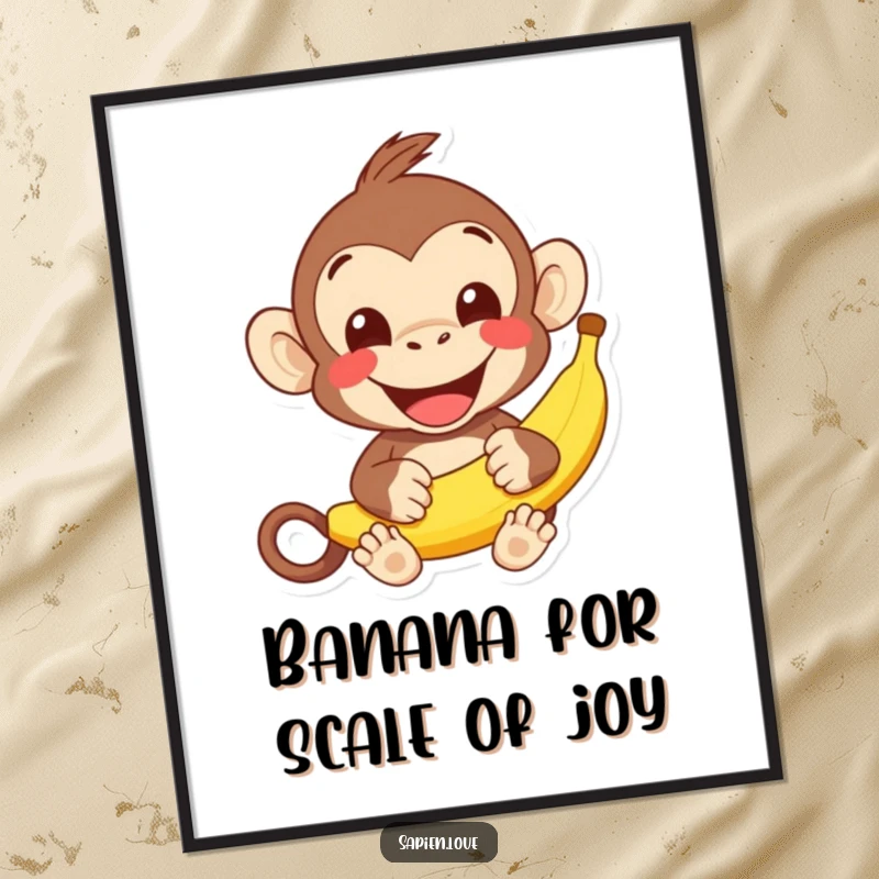 Funny Free Printable Wall Art: Cheerful kawaii monkey with a wide grin holding a banana, perfect for a fun, DIY accent.