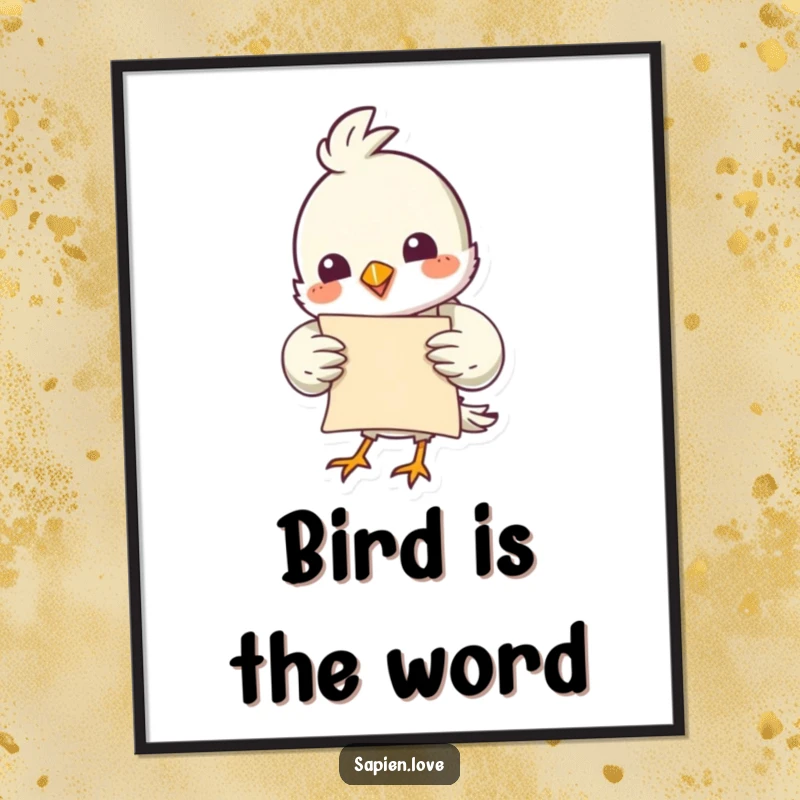 Funny free printable wall art featuring a comical bird character holding a rolled-up scroll with a smile.