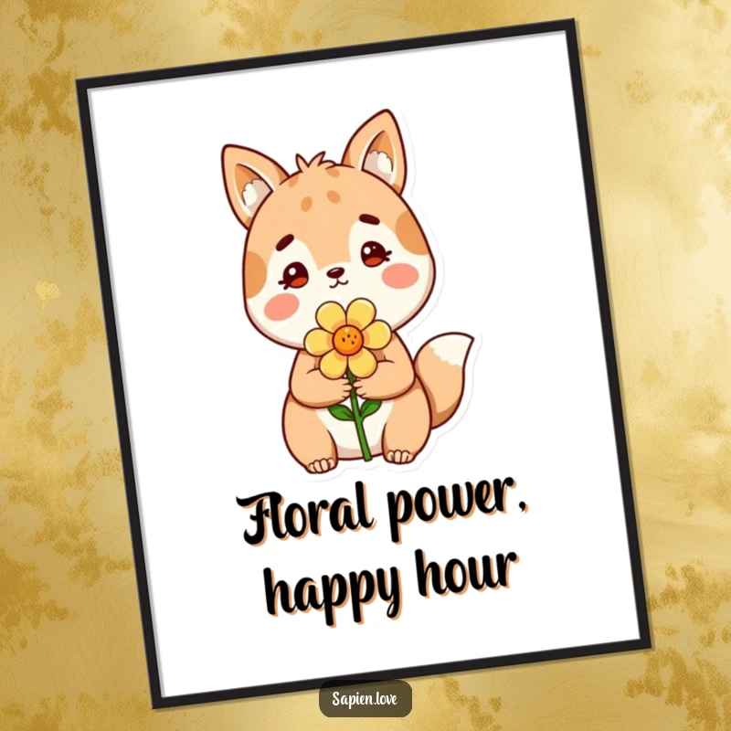 Funny Free Printable Wall Art: A friendly animal character is depicted offering a delicate flower with a gentle smile.