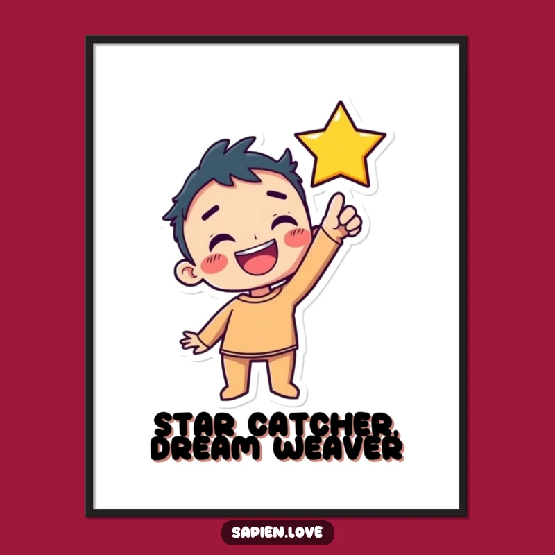 Free Kawaii Wall Art: Grinning Character Reaching for Celestial Dreams!