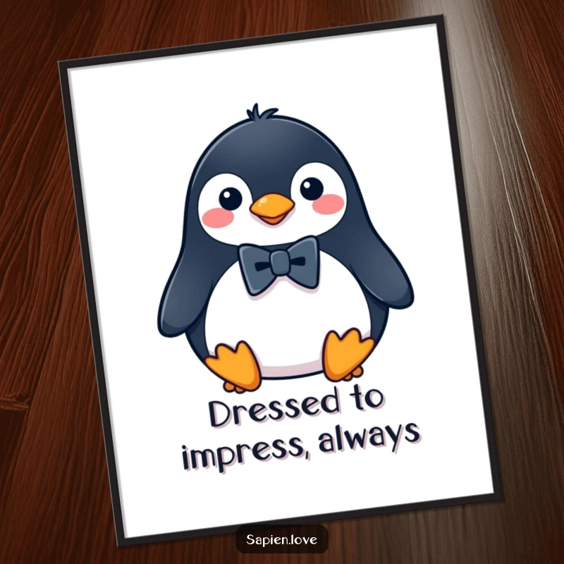 Funny Free Printable Wall Art: A penguin wearing a tiny bowtie, looking dapper and ready for a sophisticated party. Quirky home decor.