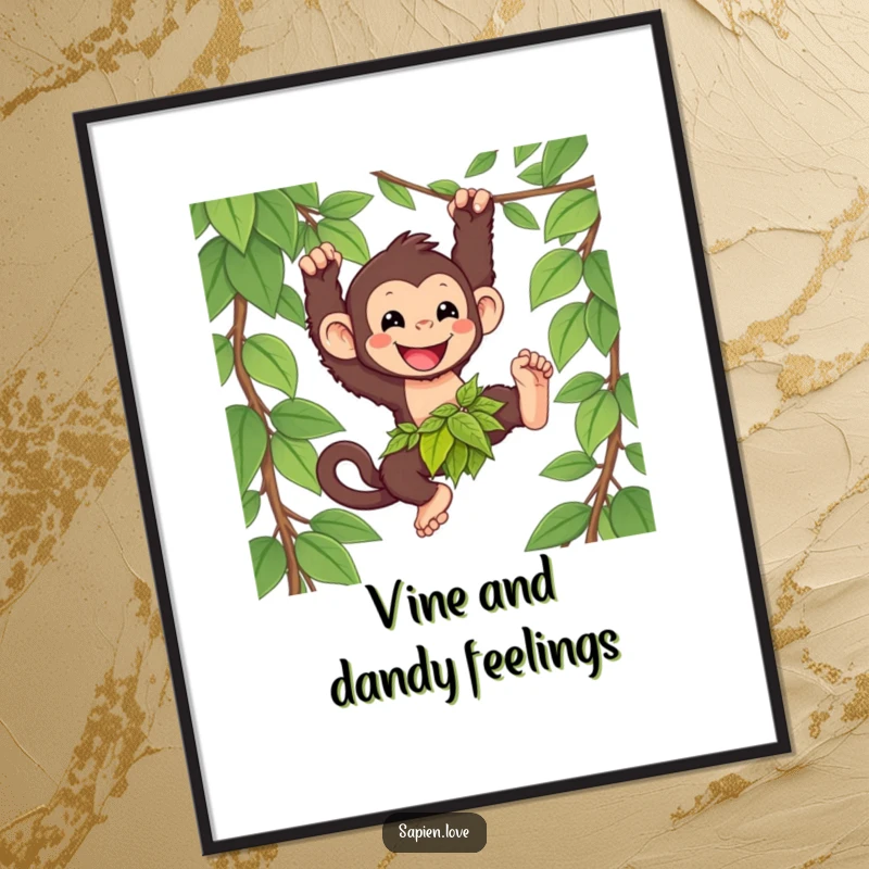 Funny Free Printable Wall Art: Happy kawaii primate in loincloth swinging from a vine, perfect for a vibrant, DIY jungle theme.