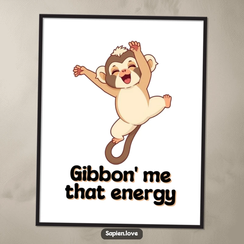 Funny Free Printable Wall Art: Adorable kawaii gibbon captured mid-somersault, giggling with infectious, playful energy.