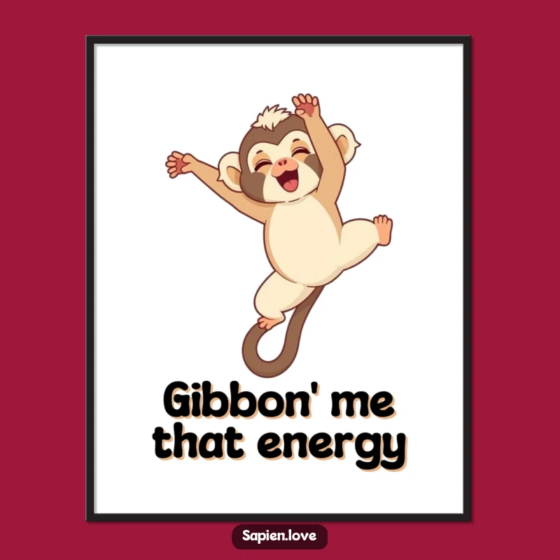 Free Printable Wall Art: Giggling Kawaii Gibbon Mid-Air - Playful Downloadable Decor!